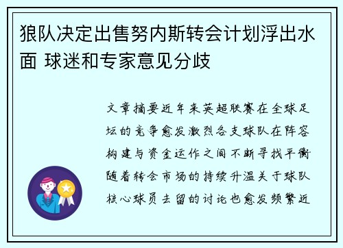 狼队决定出售努内斯转会计划浮出水面 球迷和专家意见分歧