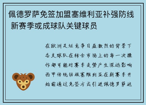 佩德罗萨免签加盟塞维利亚补强防线 新赛季或成球队关键球员